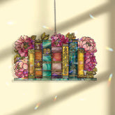 Books and Peonies Acrylic Suncatcher, Stained Glass Style Window Hanging with Colorful Vintage Bookshelf, Literary Home Decor Gift